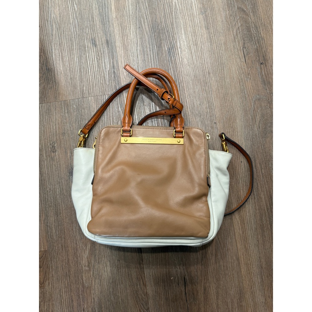 Marc by Marc Jacobs Tri-Color Leather Satchel Crossbody Bag Tan Cream Gold